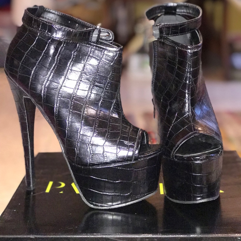 Black platform peep toe booties